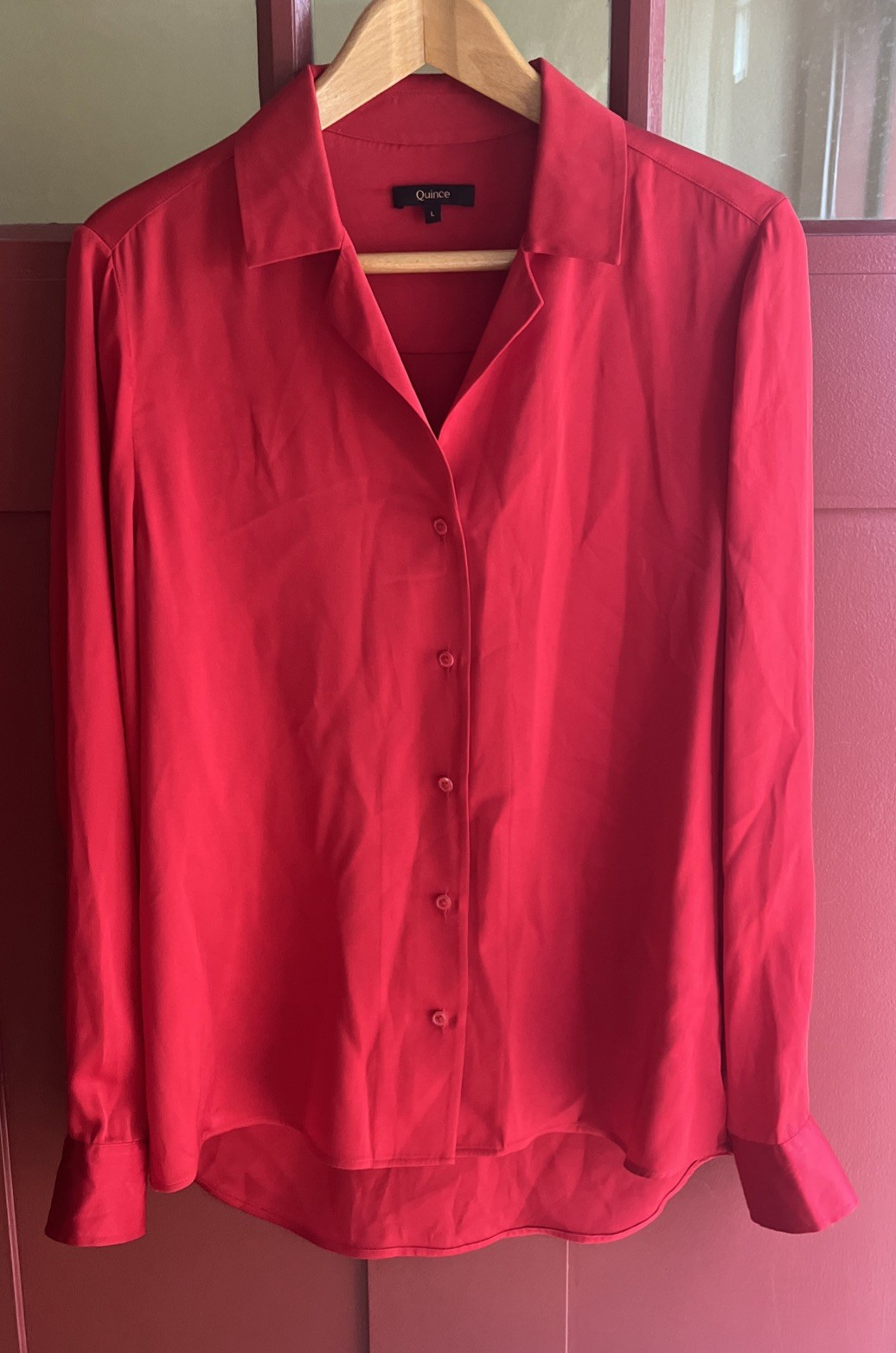 Quince Women’s L Washable Stretch Mulberry Silk Notch Collar Blouse Salsa EUC