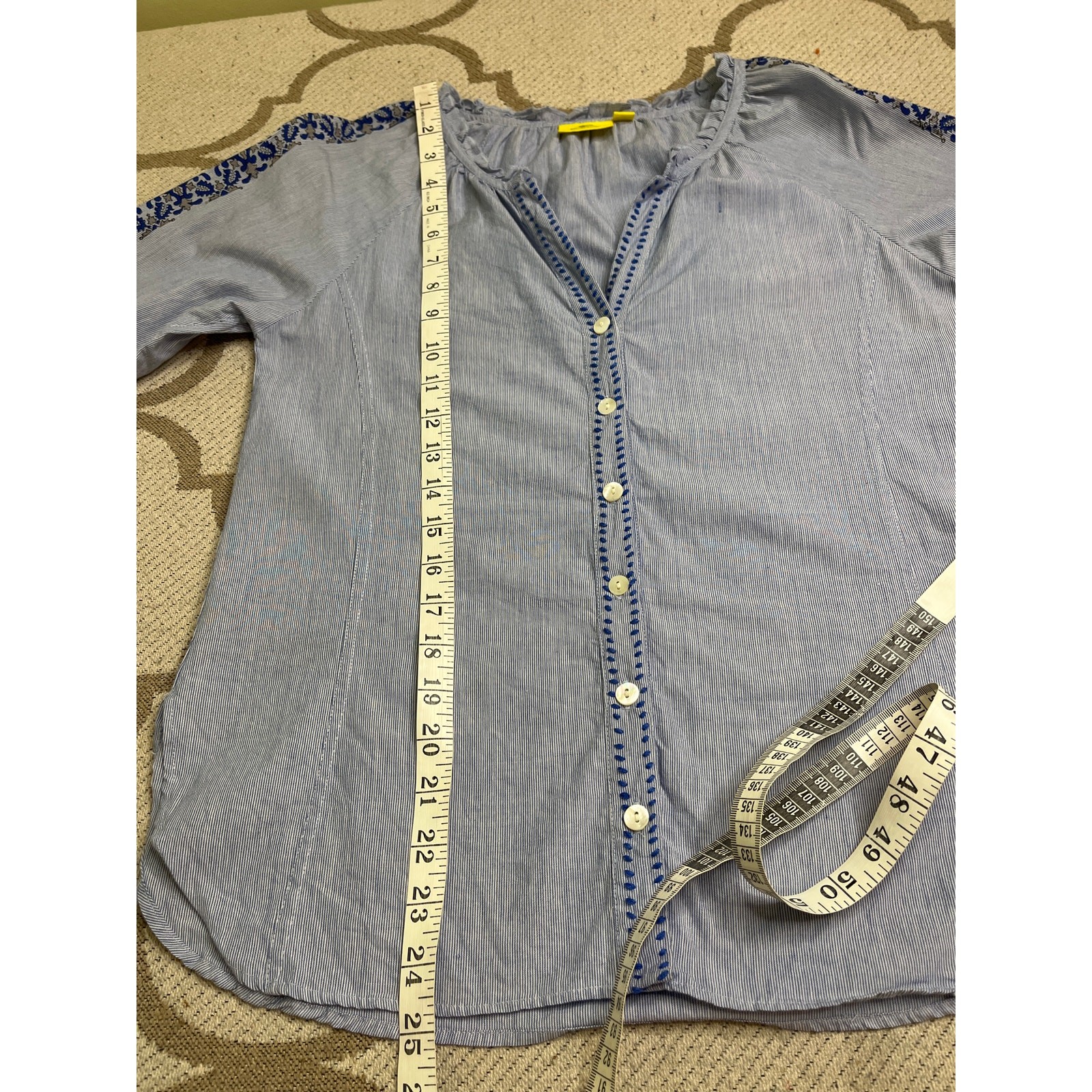 Roller Rabbit Womens Top Blue Striped V Neck Blouse Floral 3/4 Sleeve, Size XS