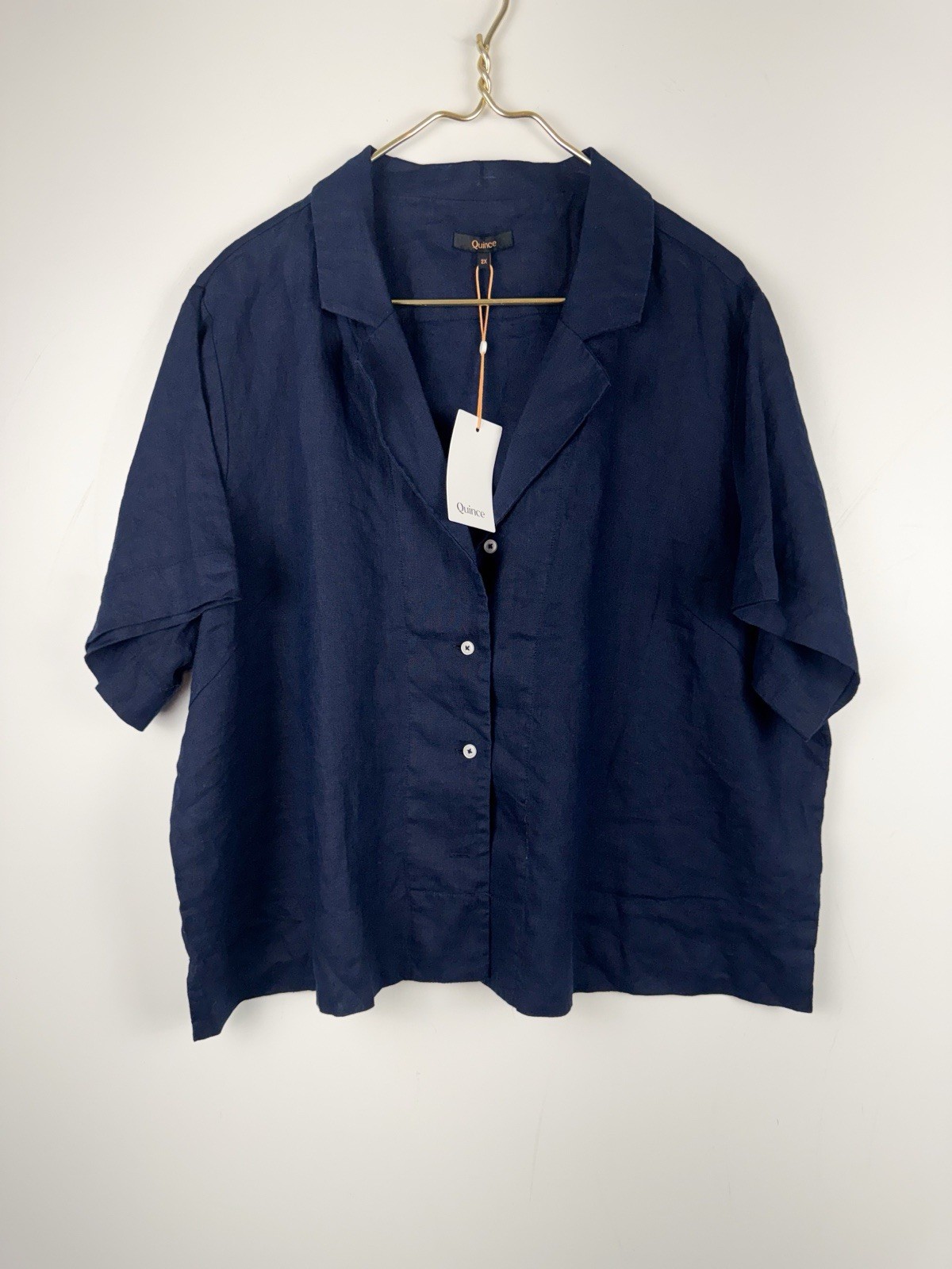 Quince Womens 2X NWT 100% Linen Navy Notch Collar Short Sleeve Button Down Top