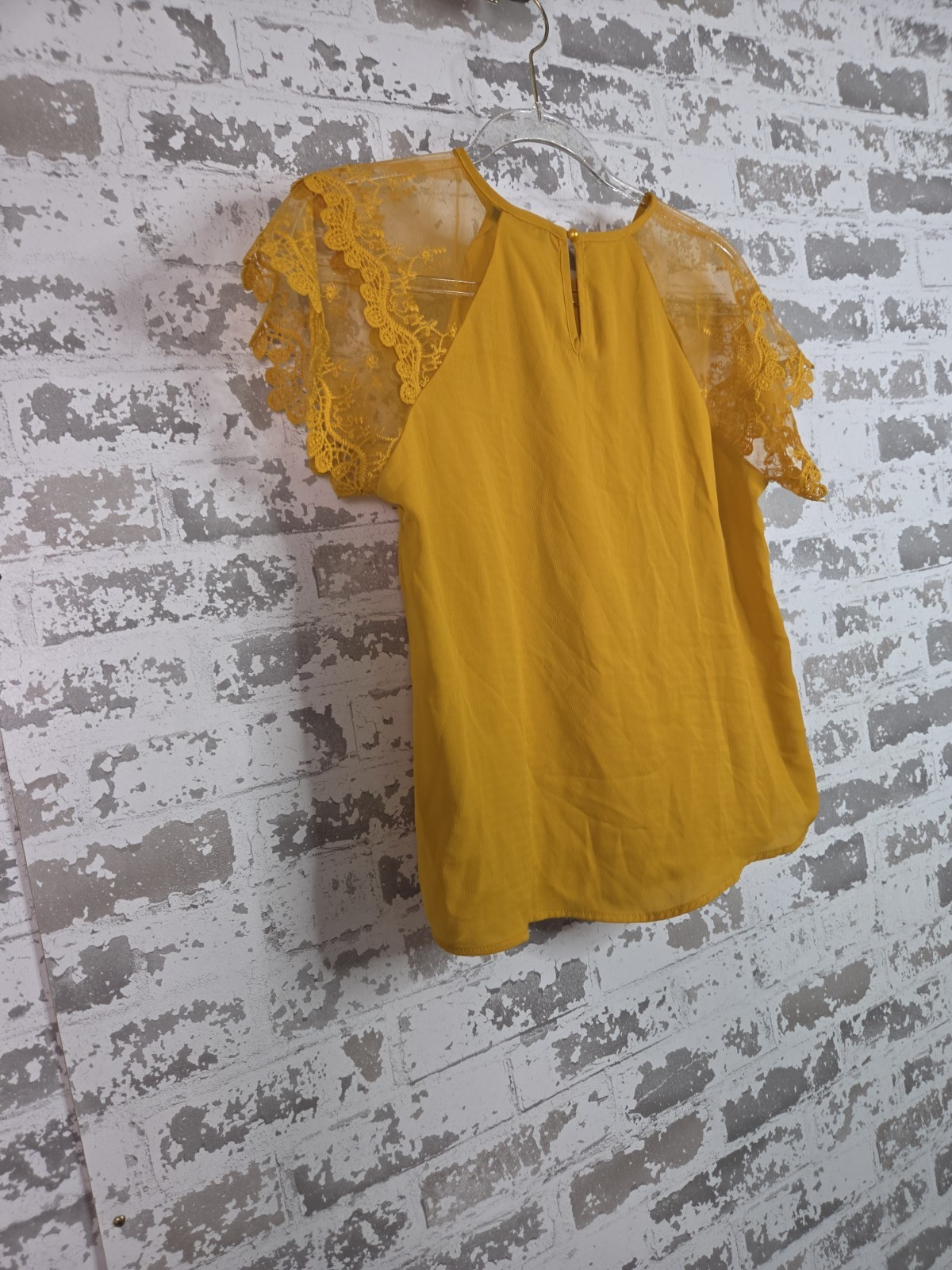 IRIS Yellow Lace Sheer Flutter Sleeve Round Neck Pullover Blouse S IT91222