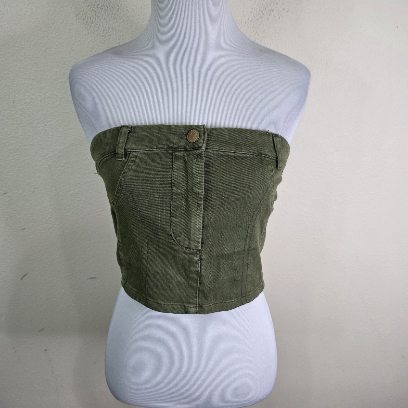 FOREVER 21 Size Medium Women’s Green Denim Zip Up Crop Top Stretch Shirt