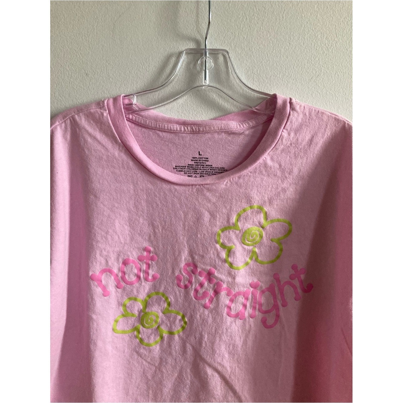 Soft Pink Short Sleeve Not Straight Graphic Large Tee with Floral Quirky Accents