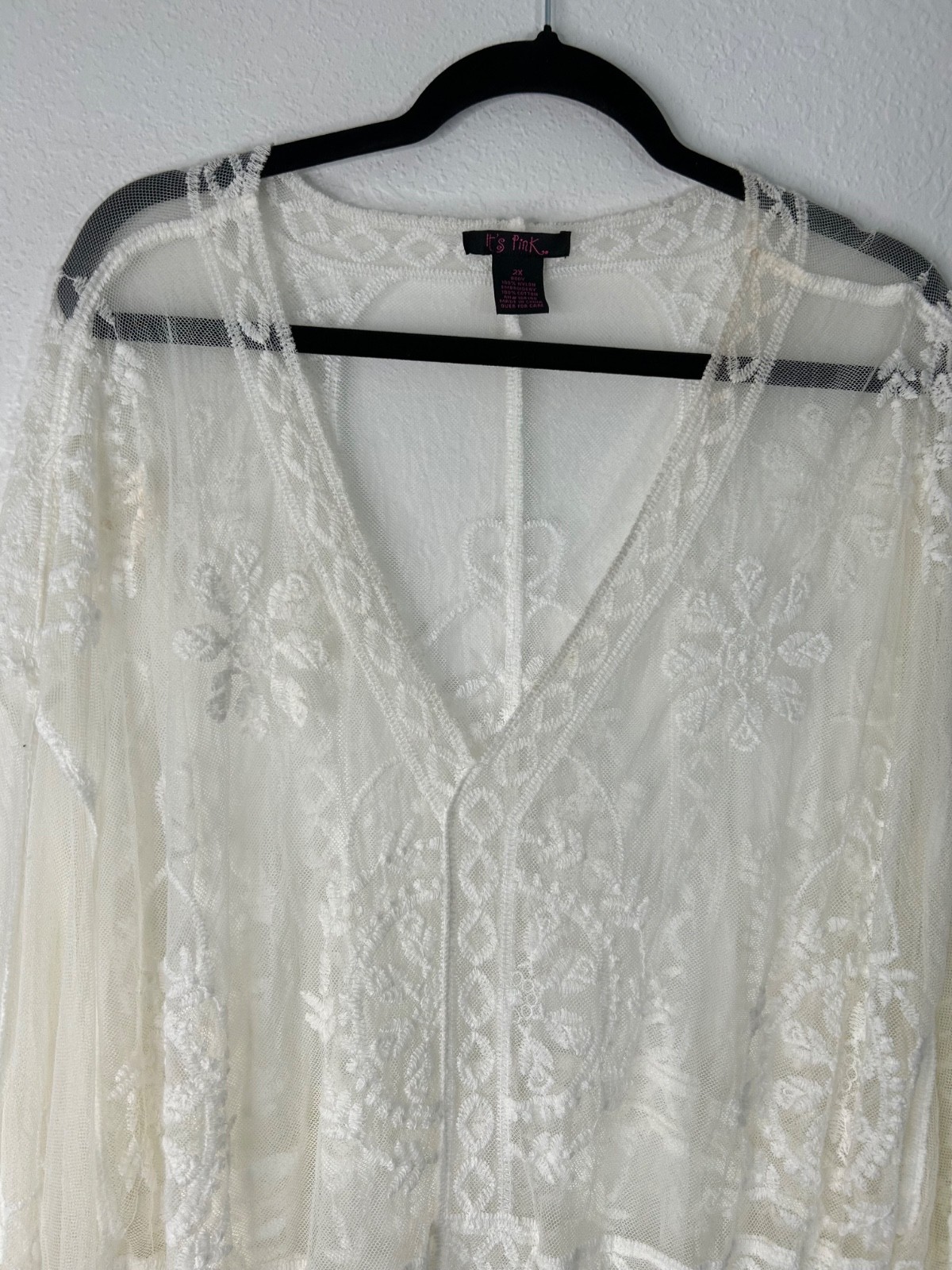 Lace Kimono Cover Up Size 2X Sheer White Bell Sleeves Boho Beach Vacation Resort