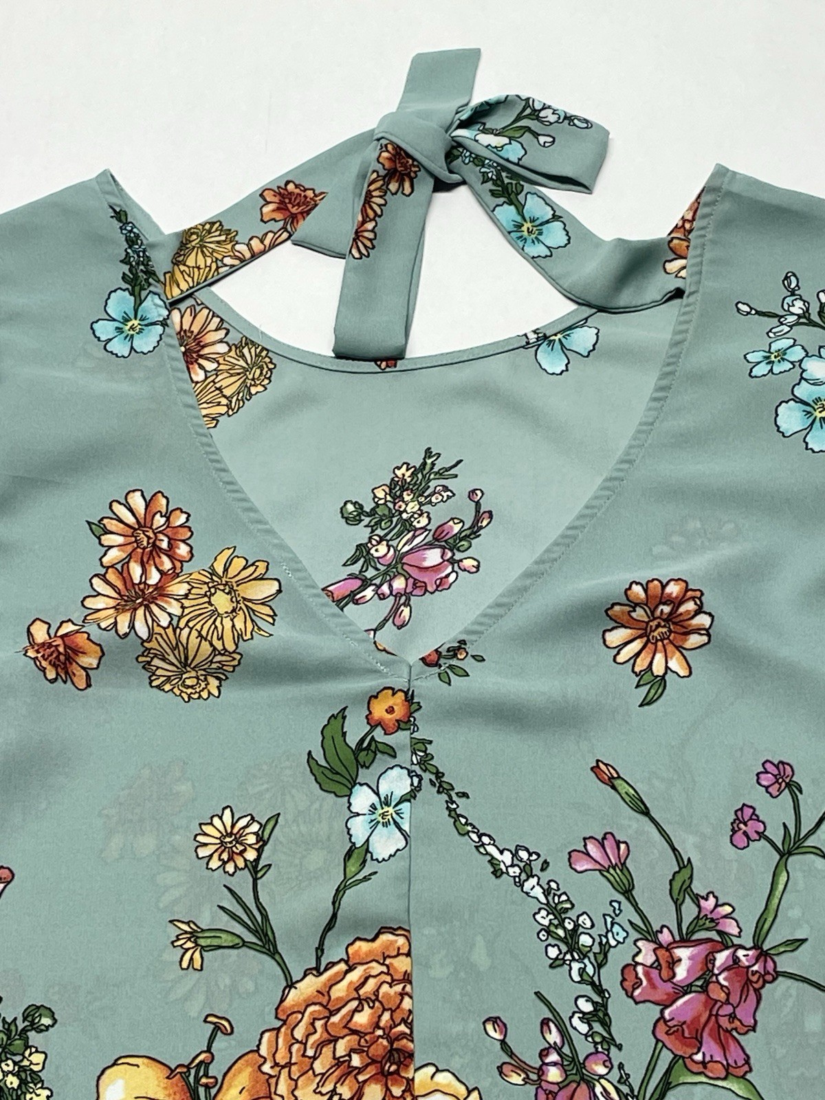 Blue Wildflower Floral Flutter Sleeve Tie Back Blouse XL Boho Cottagecore Dainty