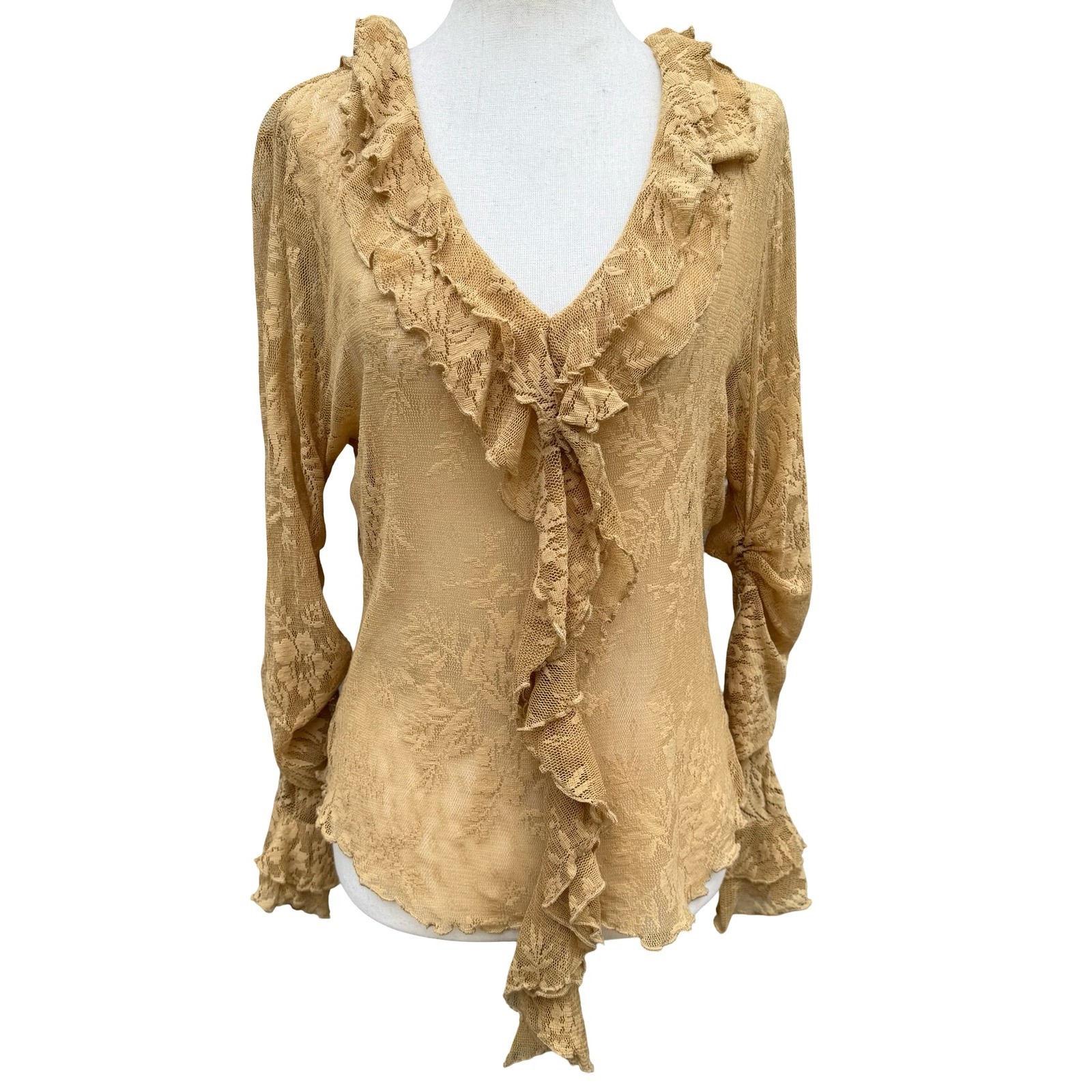 Newport News Vintage Y2K Tan Lace Ruffle V-Neck Blouse Sheer Fairy XL Romantic