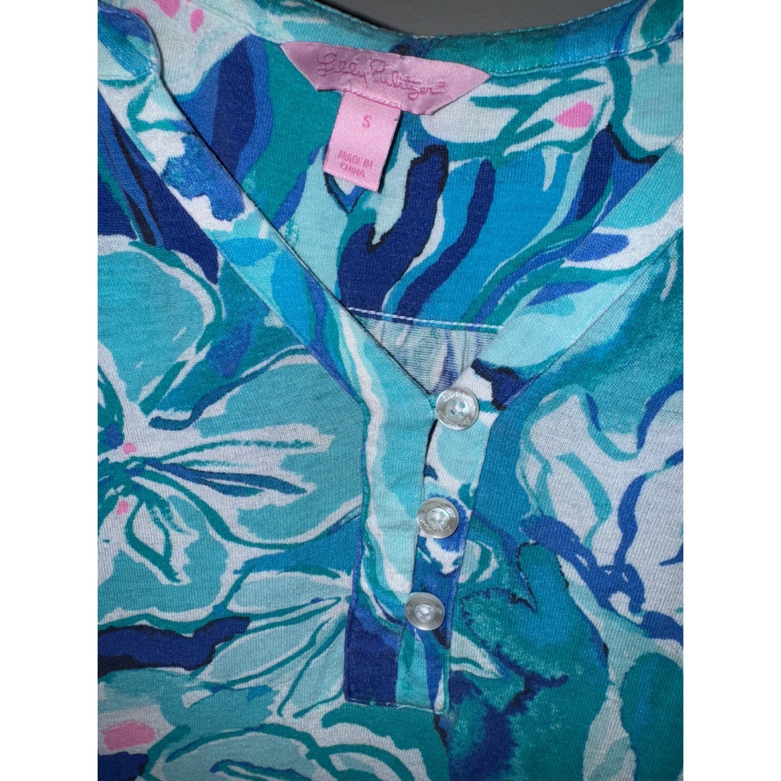 Lilly Pulitzer LILIAS Aquatic Garden Tunic Top Small Elastic Sleeve Blue