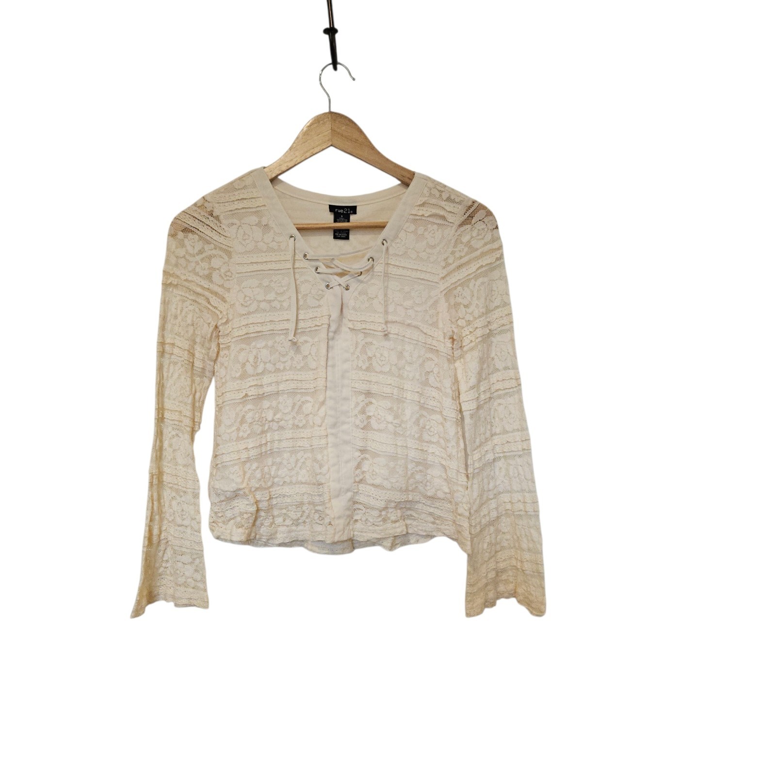Rue21 Small Ivory Floral Lace Bell Sleeve Lace Up Boho Top Stretch Long Sleeve