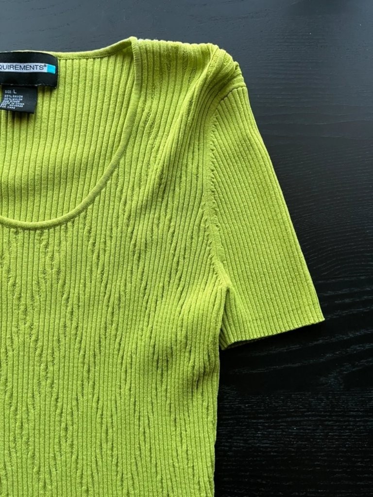 Requirements Size L Vibrant Lime Green Ribbed Knit Top, 65% Rayon / 35% Nylon