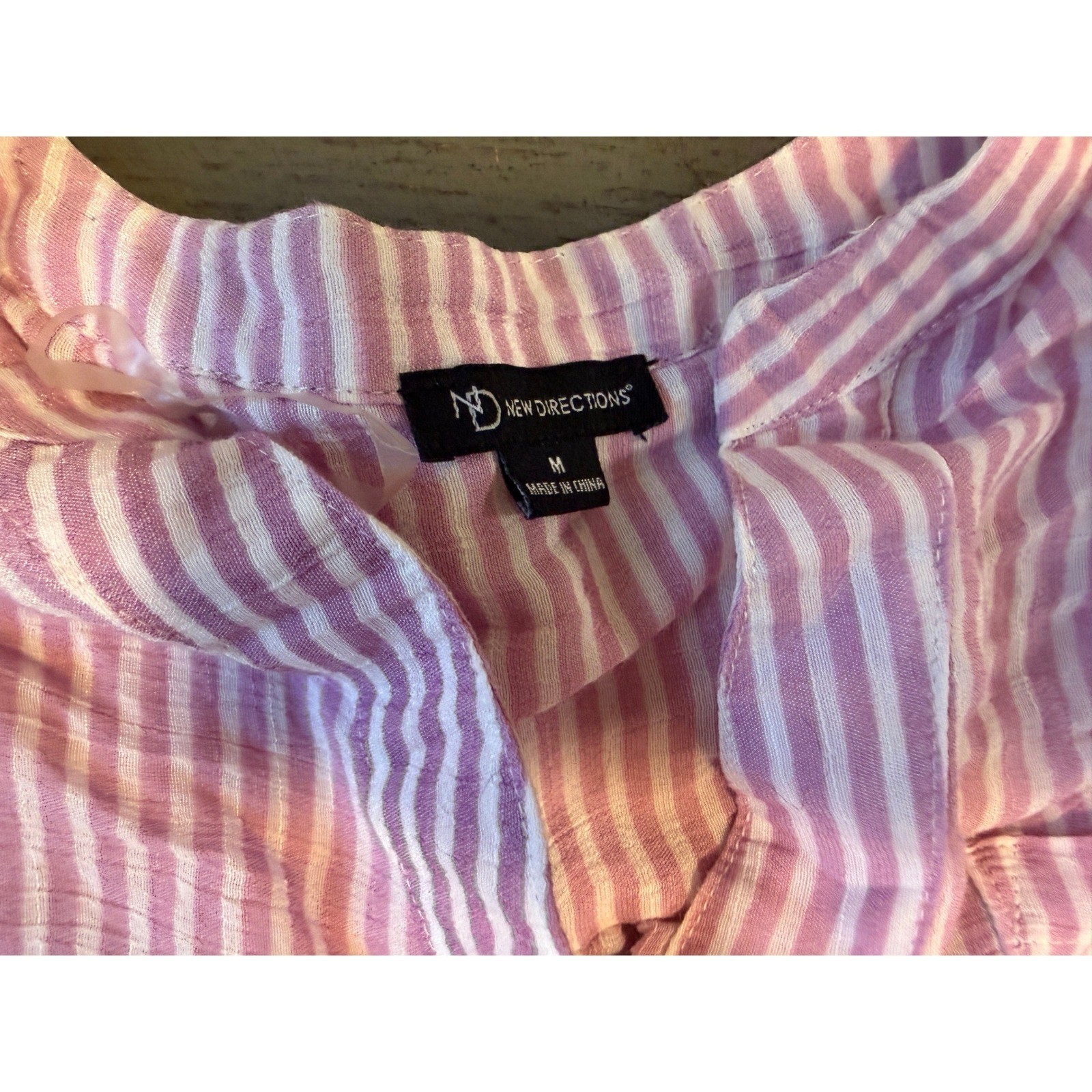 New Directions Pink White Striped Ombre Gauze Button Up Blouse Top Womens Medium