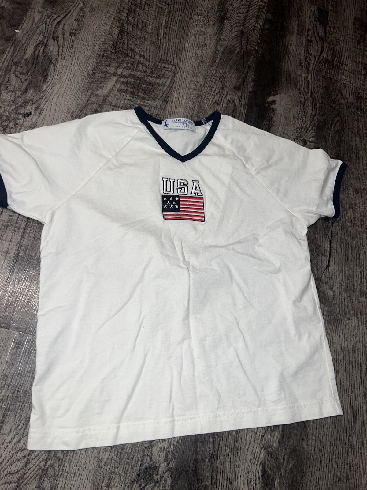 100% Cotton USA White Tshirt With Navy Blue Accents Classic American tee