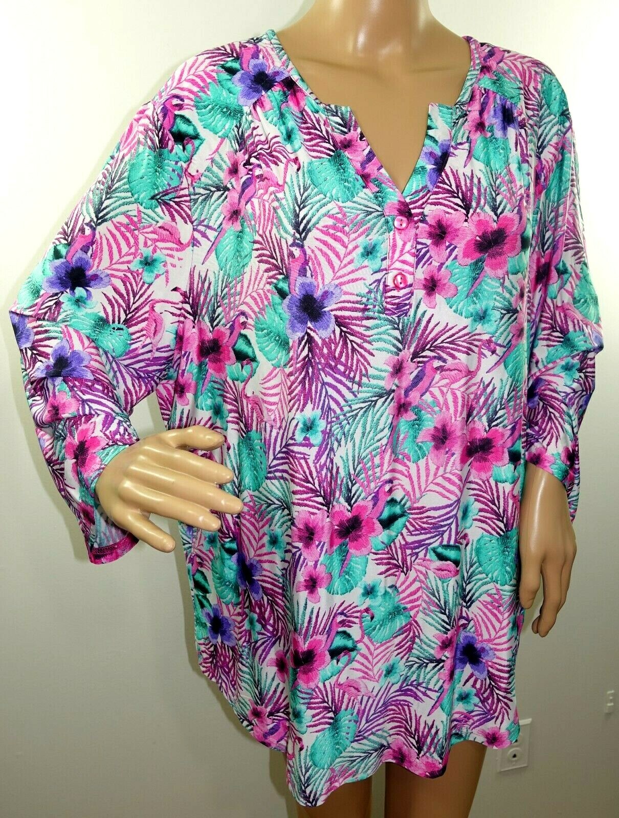 Links Women Plus Size 1x 2x 3x Pink Purple Green Floral Tunic Top Blouse Shirt