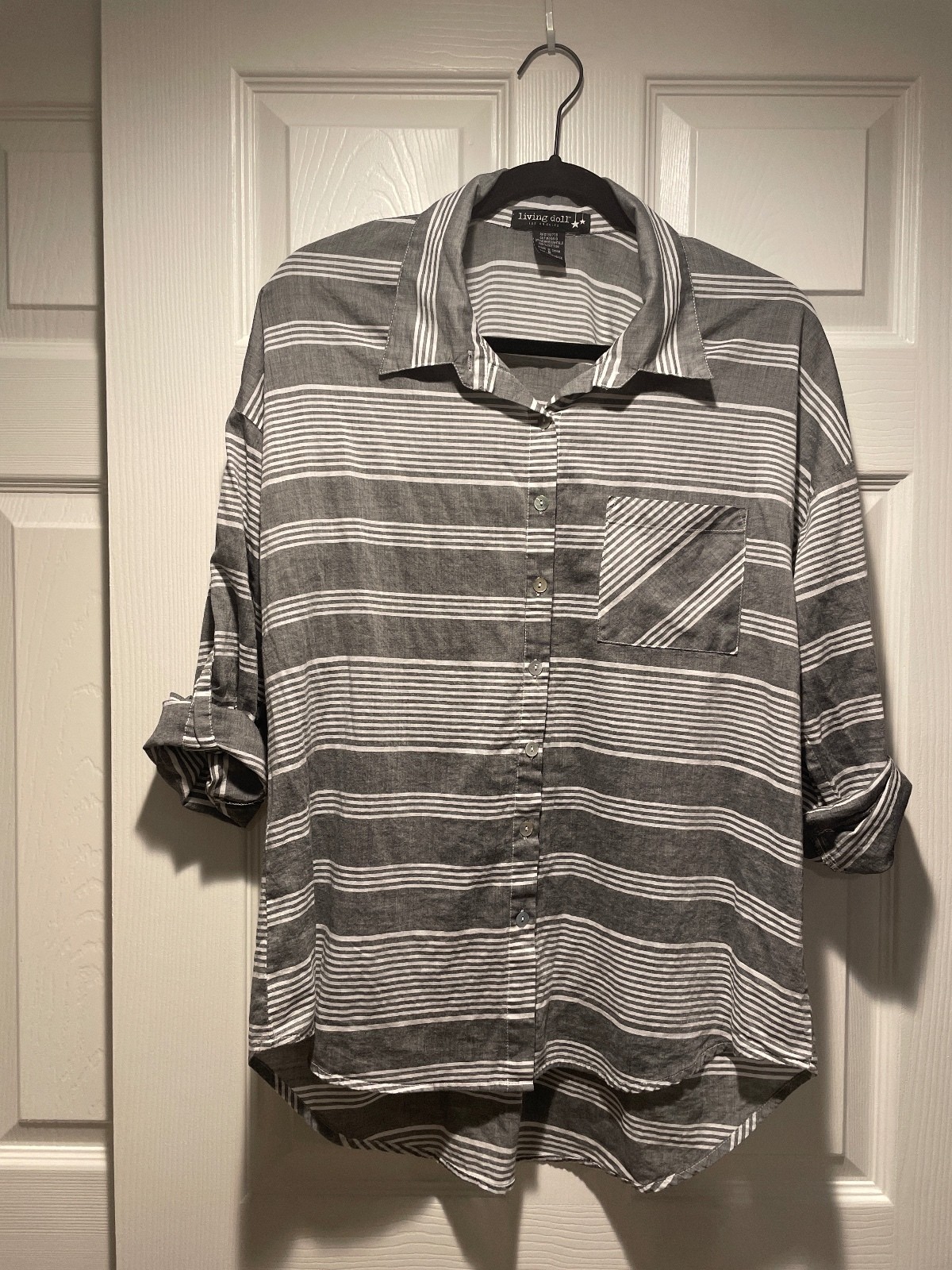 Living Doll Gray White Striped Button Front Shirt Roll Tab High Low 100%Cotton S