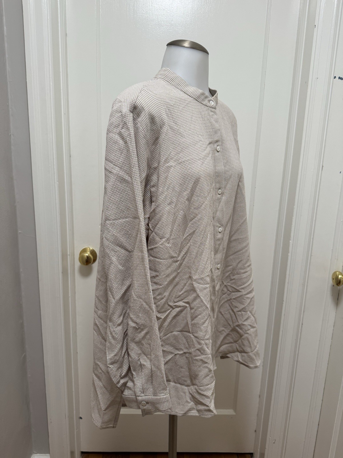 Eileen Fisher Top Sz XL Tan White Plaid Micro Check Mandarin Collar Tencel Tunic