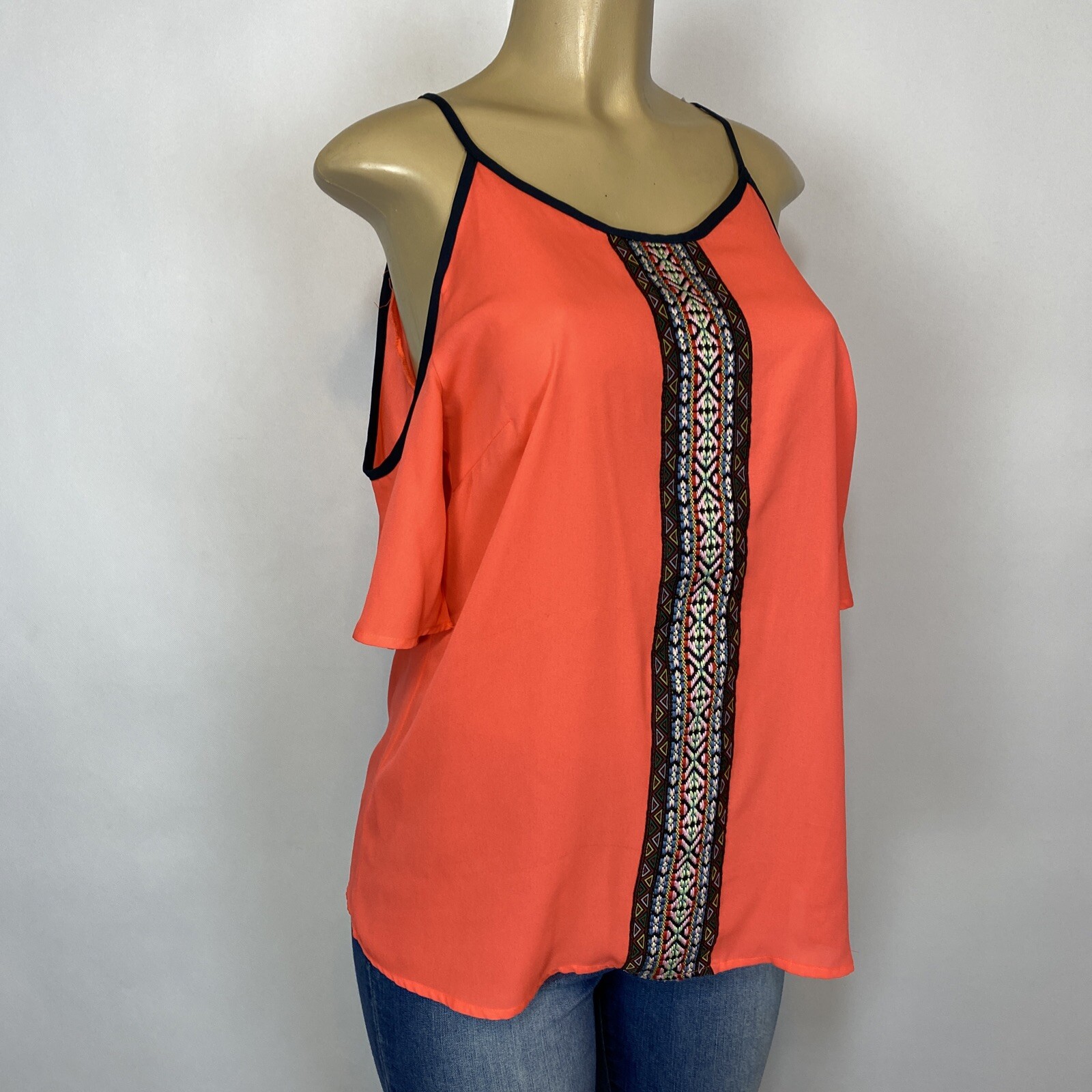 West 36th Orange Fresh Semi Sheer Cold Shoulder Shirt Womens Size M
