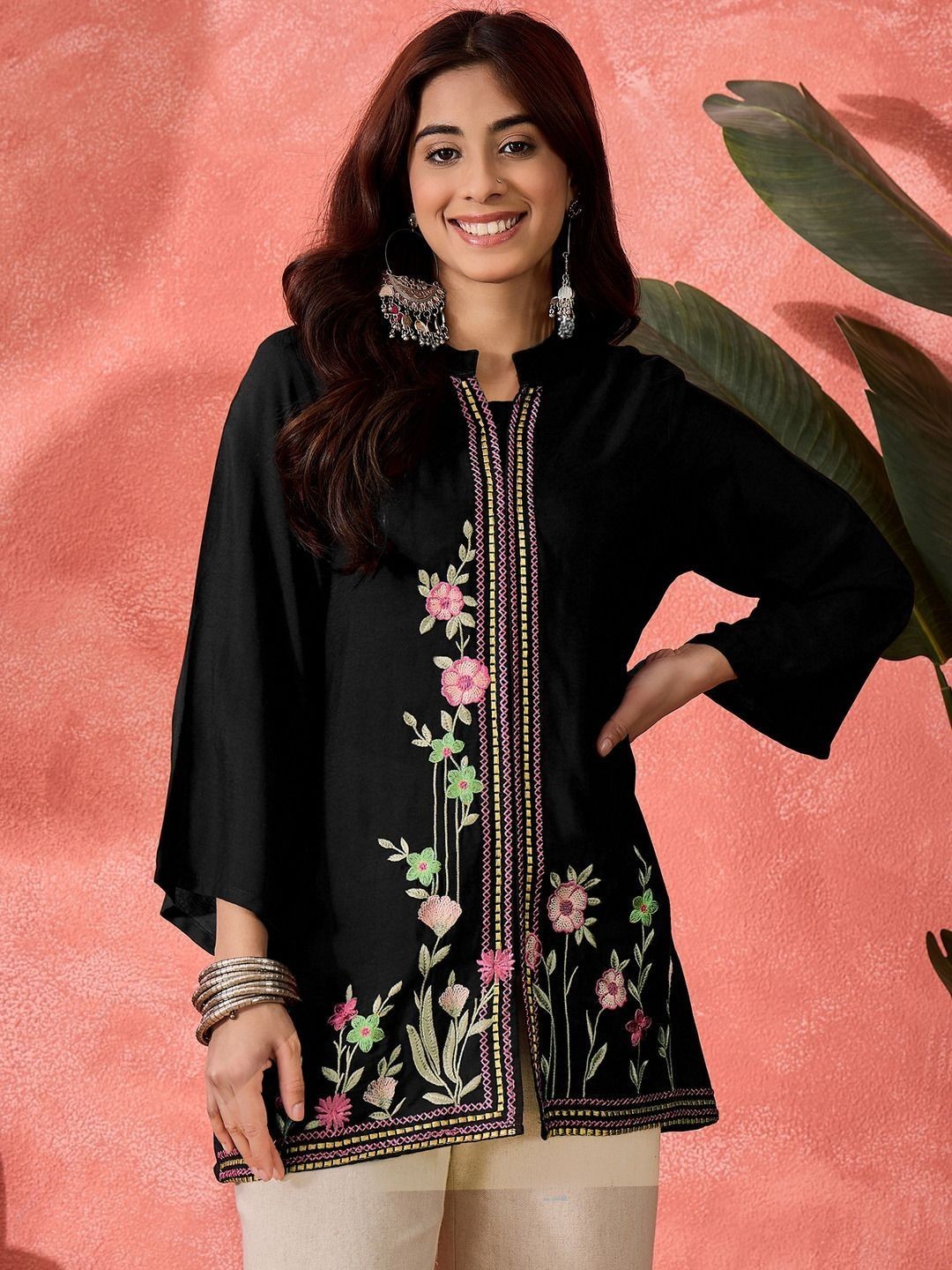 Black Floral Embroidered Kurti Women Ethnic Long Tunic Casual Party Top
