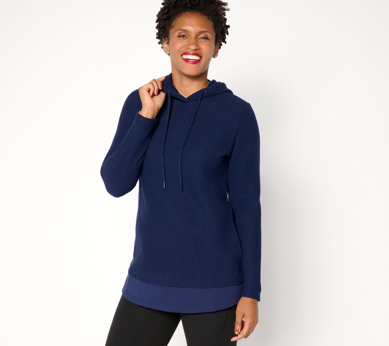 Denim & Co. Active Waffle Knit Mixed Media Hooded Pullover Navy S New