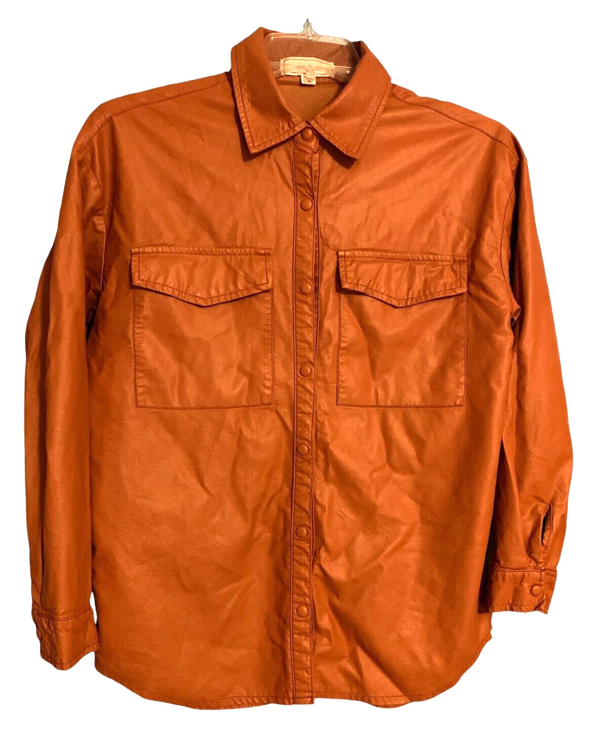 NO COMMENT NY-LA Faux Leather Burnt Orange Shirt Snap Front Long Sleeve Size M