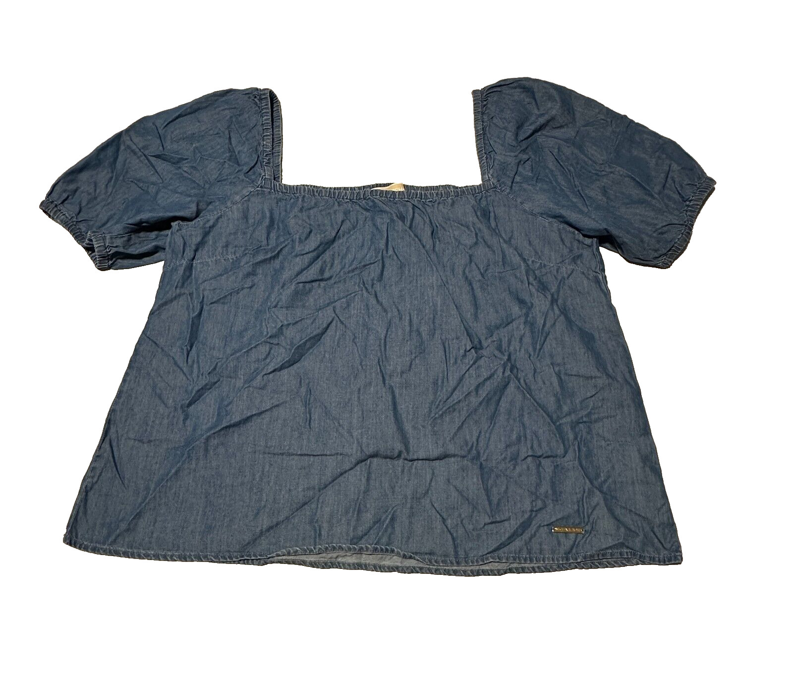 Michael Kors Womens Blue Puff Sleeve Square Chambray Neck Blouse Top Size P/XL