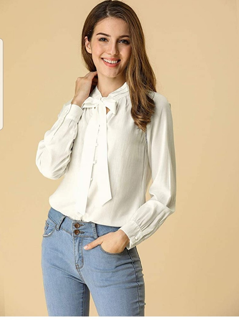 Allegra K Work Blouse for Women. Elegant Bow Tie Neck LS Shirt Top. 1X. White