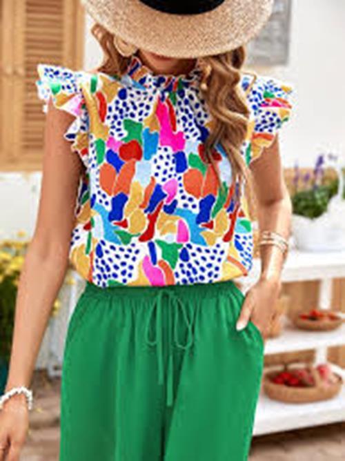 Emery Rose Allover Print Ruffle Trim Mock Neck Blouse Size XS Womens Top NWT