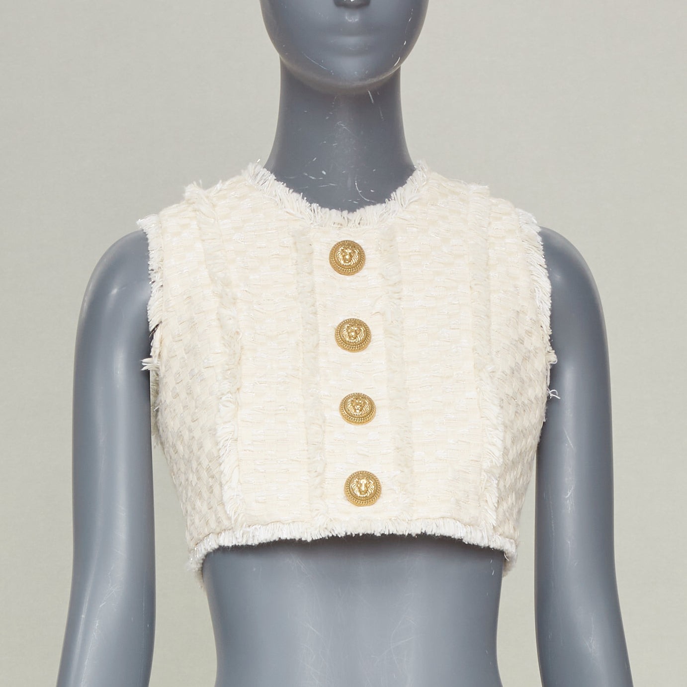 BALMAIN 2023 fringe tweed lion button sleeveless crop cropped gilet vest FR36 S