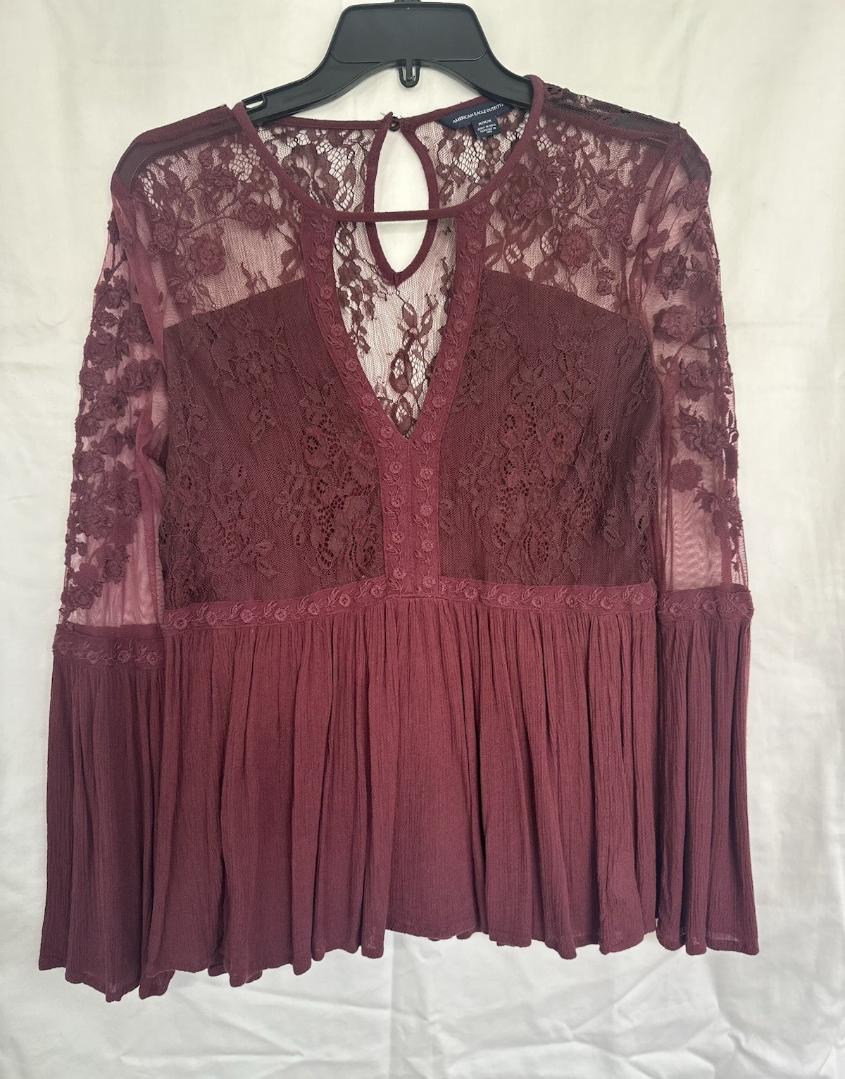 American Eagle Outfitters Burgundy Floral Lace Embroidered V-Neck Blouse M