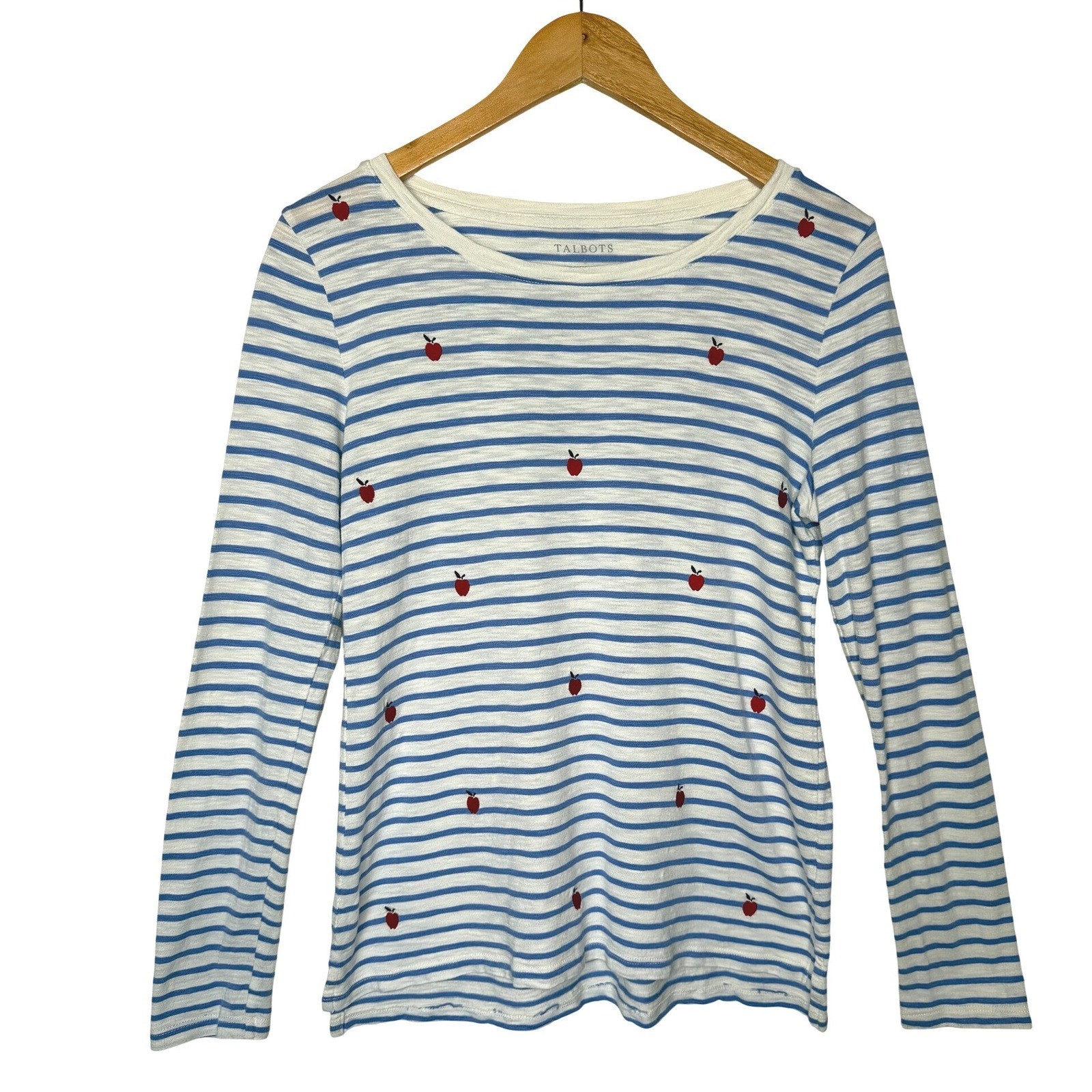 Blue White Striped Apple Embroidered Top Small Cotton Modal Blend Teacher Preppy