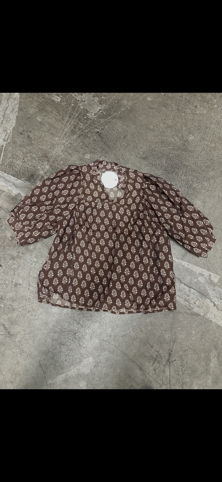 Umgee Brown Block Print Boho Blouse Short Puff Sleeve Top Small