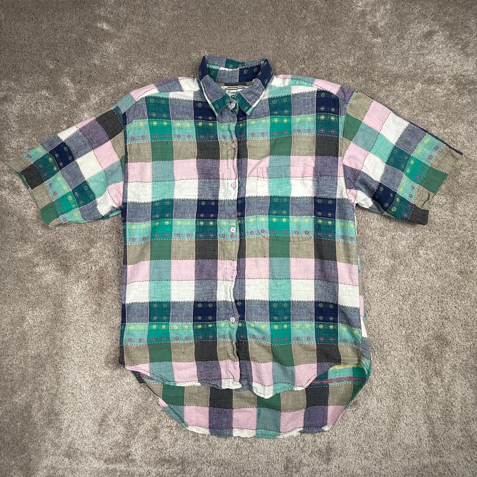 Company One Plaid Short Sleeve Button Down Shirt Pastel Multi Color Women Size L