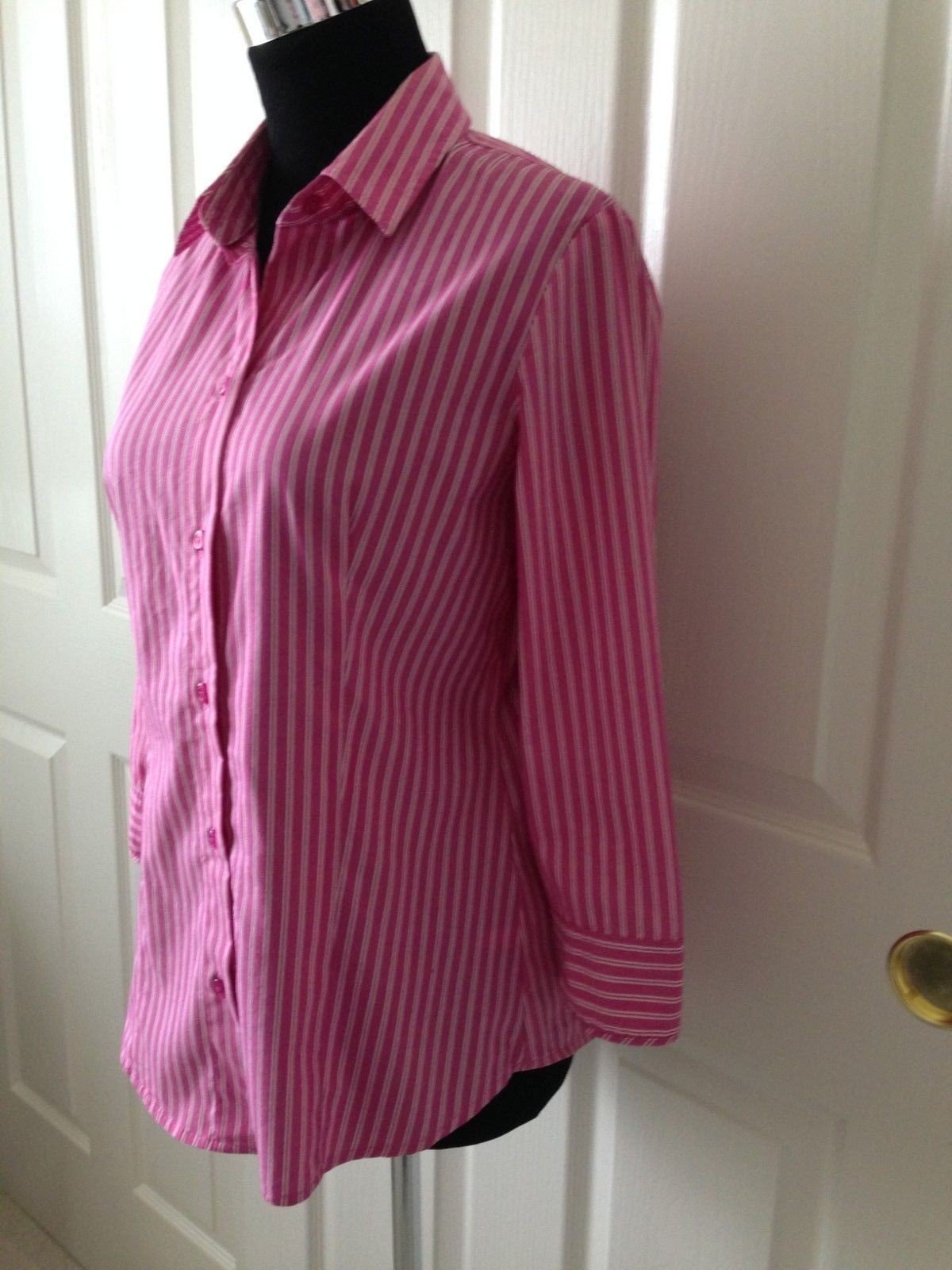 NEW YORK & CO STRETCH PRETTY PINK/WHITE STRIPED COTTON BLEND BLOUSE – SIZE S