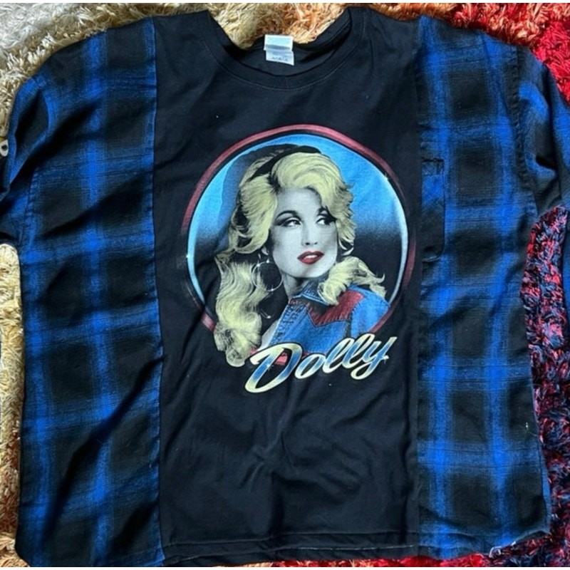 Dolly Parton flannel shirt, reworked tee, upcycled, country music Large