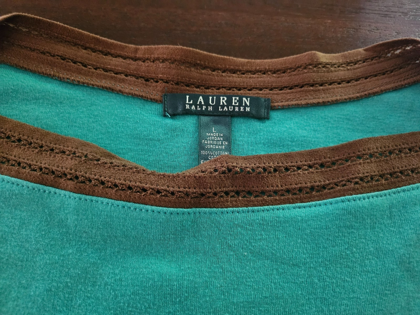 Lauren Ralph Lauren Teal Square Brown Trim neck￼ Pull Over Top Size L