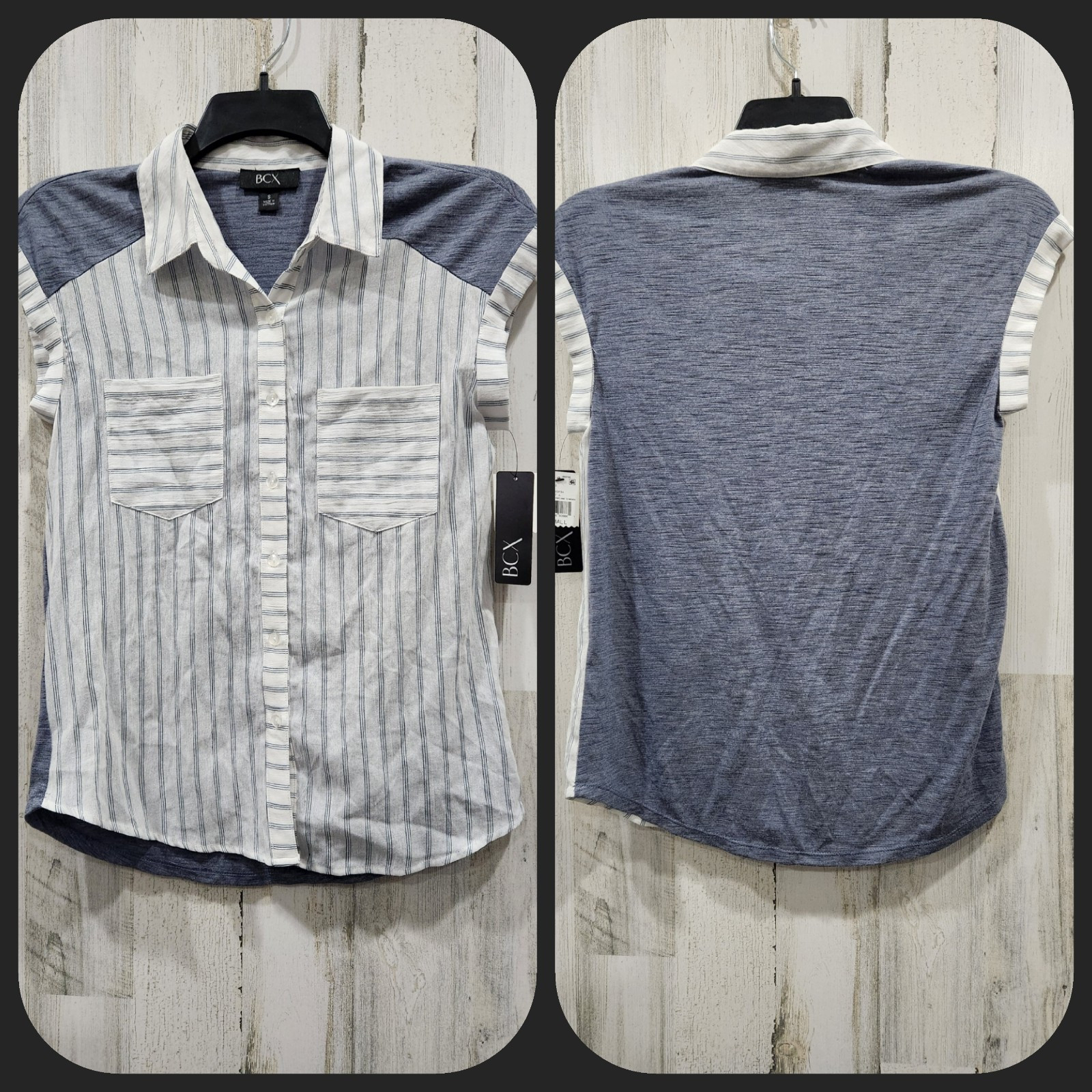 BCX Blue & White Cotton Stripe to Blue knit Woven Button Front Blouse Size SMALL