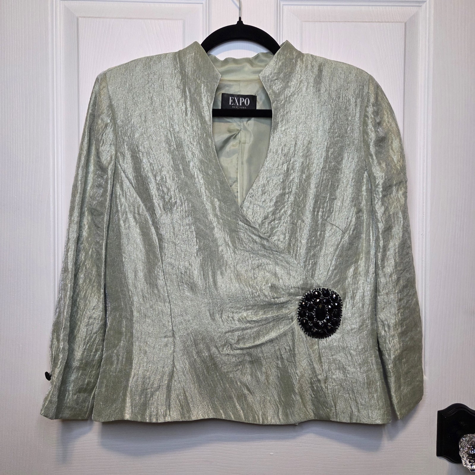 VTG Expo New York Blouse L Green Metallic Shimmer Beaded City Glam 80s 90s Art