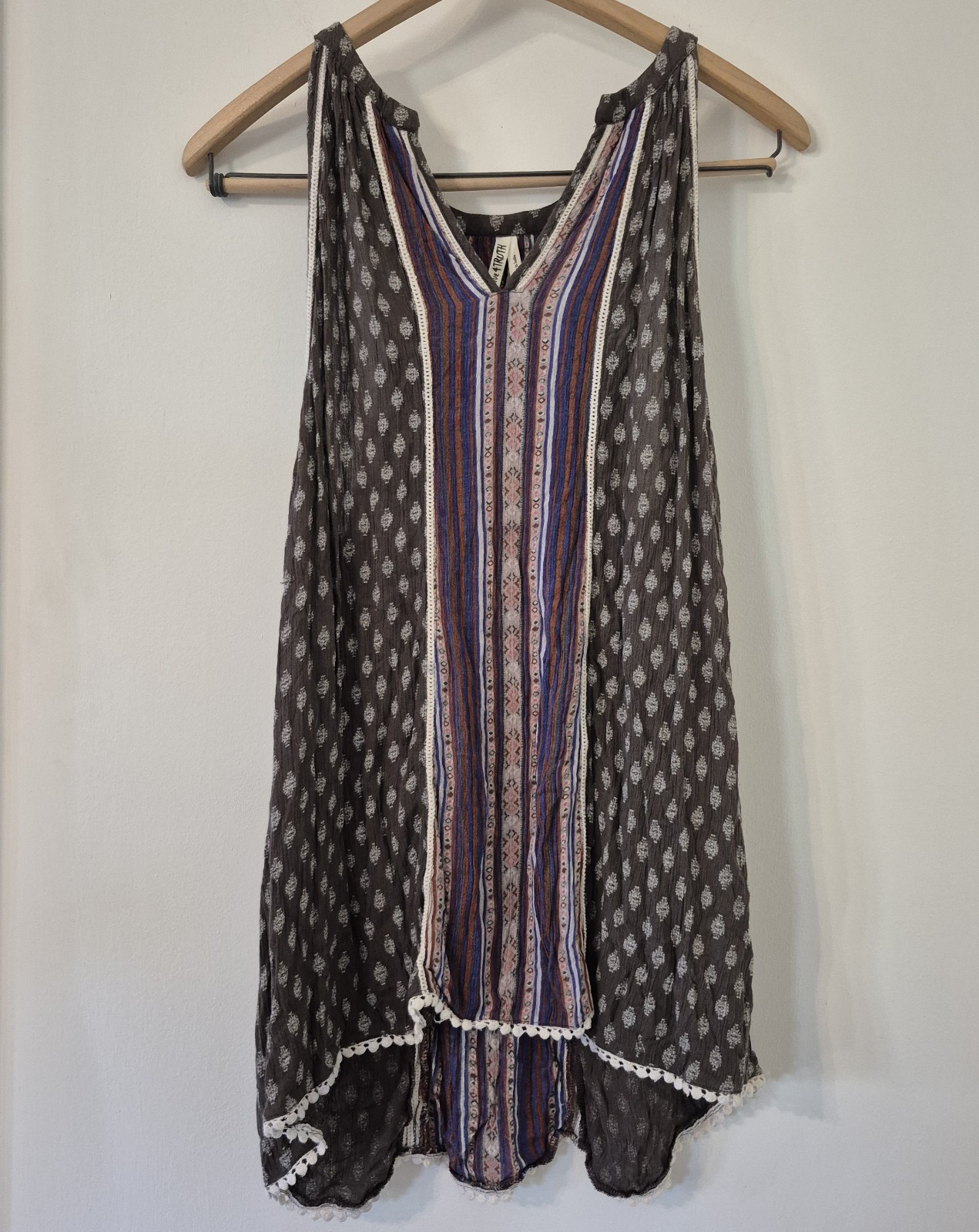 Women L Mixed Print Pom Pom Hem Top Boho Festival Coastal Grandmother Earthy