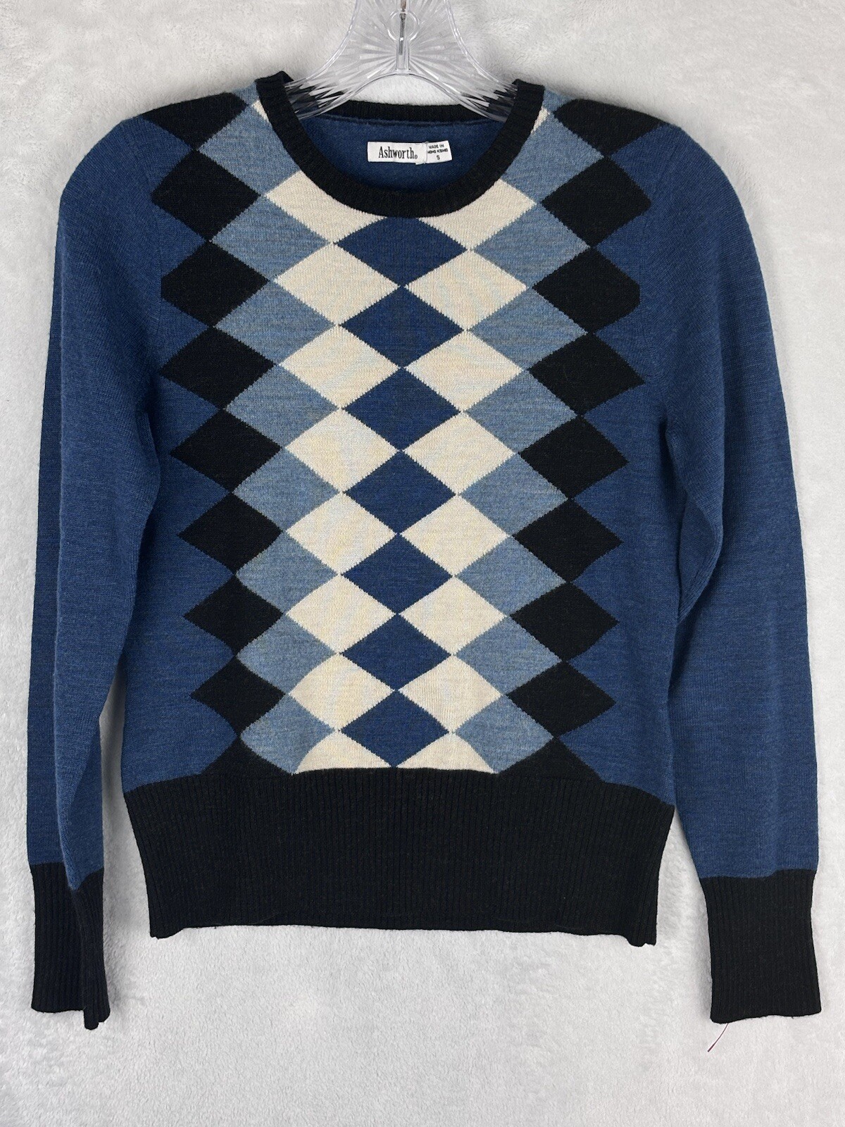 Ashworth Women’s Black and Blue Argyle Diamond 100% Merino Wool Sweater Size S