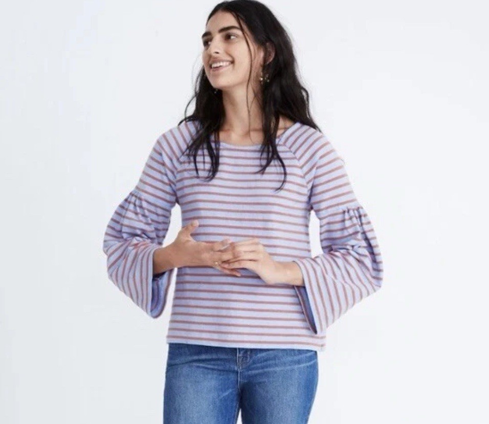 Madewell Shirred Bell Sleeve M Sailor Blue Red Striped Pullover Coastal Preppy