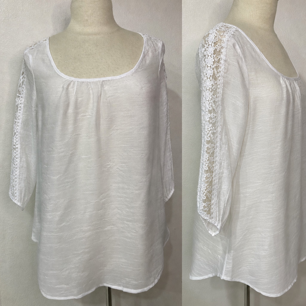 Unique Spectrum Gauzy Rayon Lace Cutout Sleeve Blouse XL White Coastal Boho NWT
