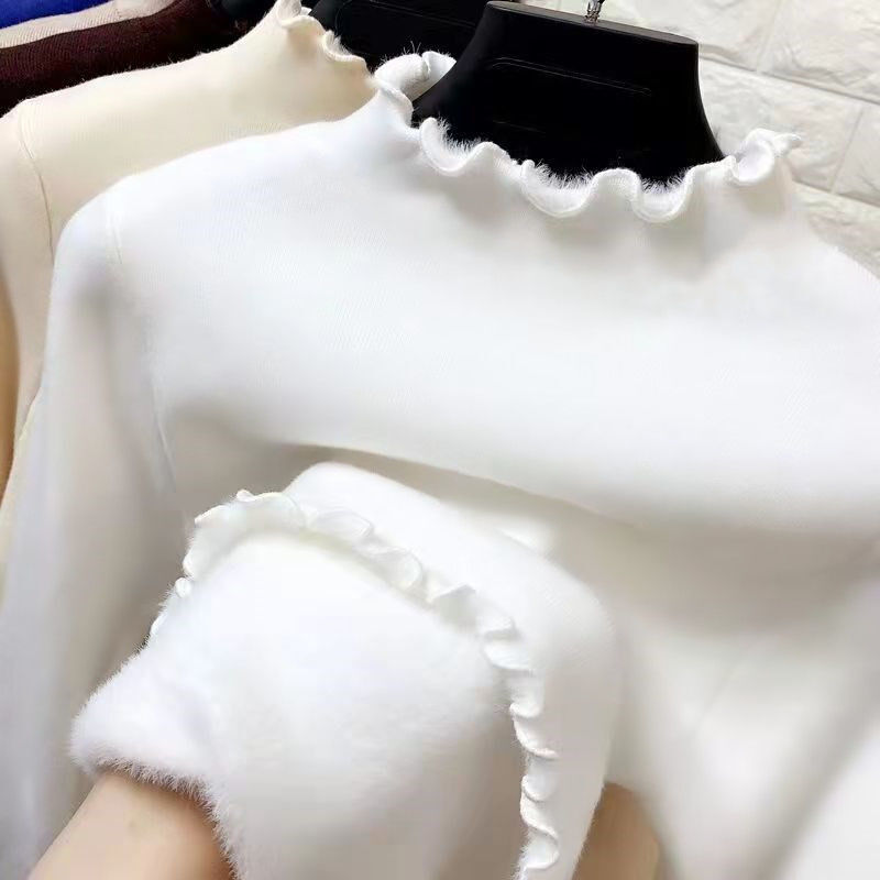Thickened Sweater Solid Plush High Neck Warm Slim Fleece Tops Winter Womens