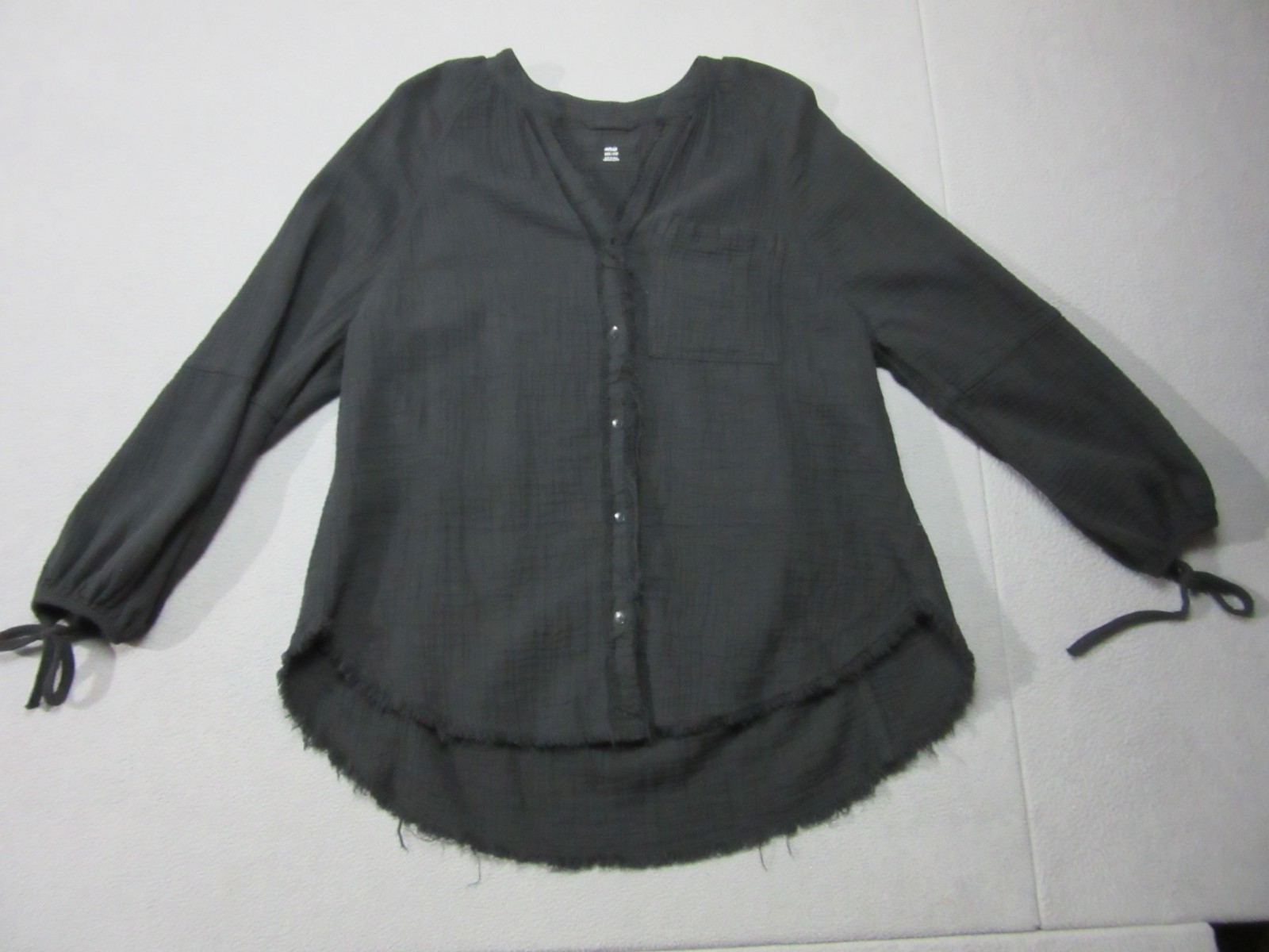 Aerie Shirt Womens 2XS Black Gauzy Daybreak Coverup Raw Hem Tie Cuff V-Neck