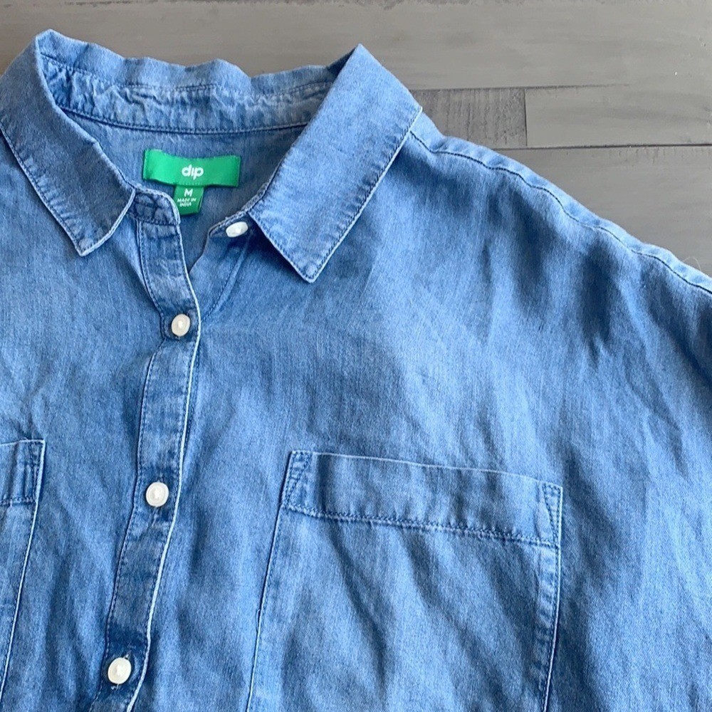 dip Button Up Front Pockets Blue Shirt