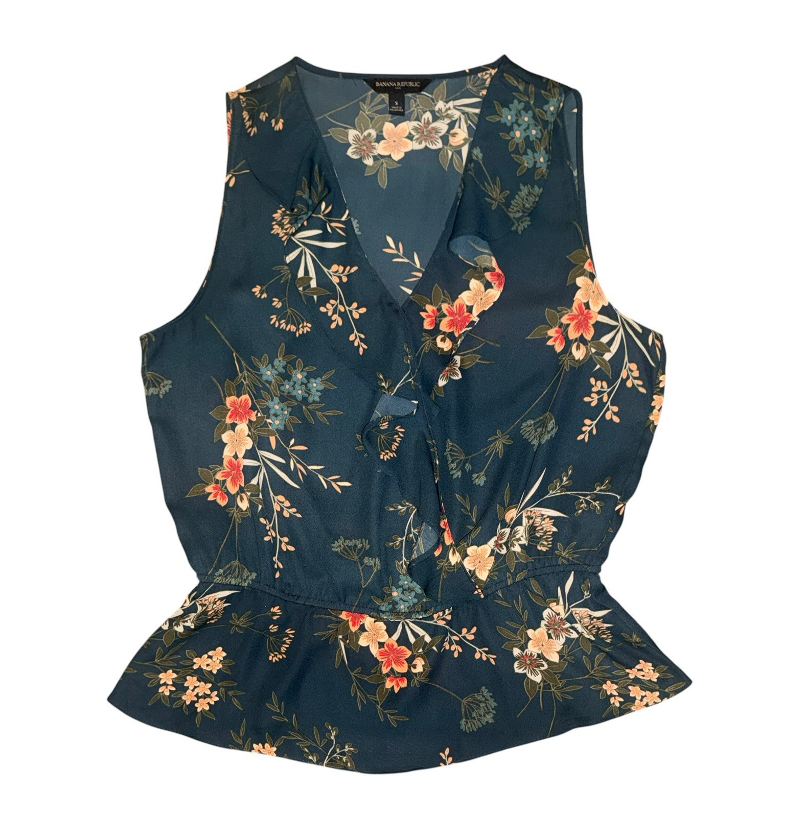Banana Republic Sleeveless Floral Peplum Blouse Dark Teal Wrap Front Size Small