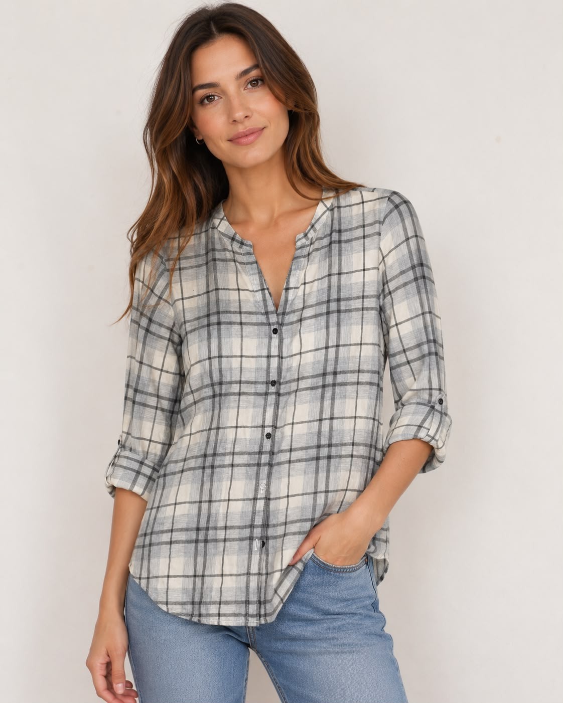 Calvin Klein Jeans Plaid Shirt Womens L Gray White Roll Tab 100% Cotton