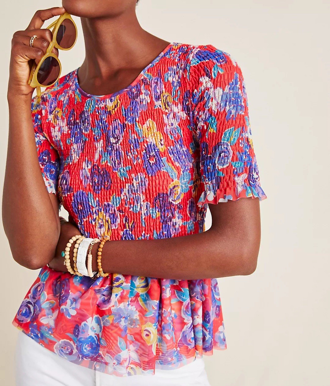 Maeve Anthropologie Ashto Smocked Floral Peplum Flutter Sleeve Top Blouse S