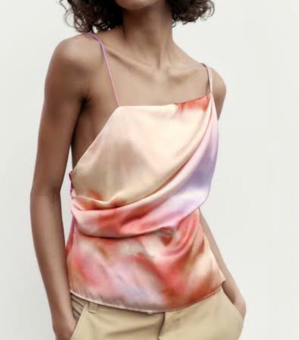 NWT Zara Asymmetric Purple Pink Ombre Print Top Spaghetti Straps Women’s Medium