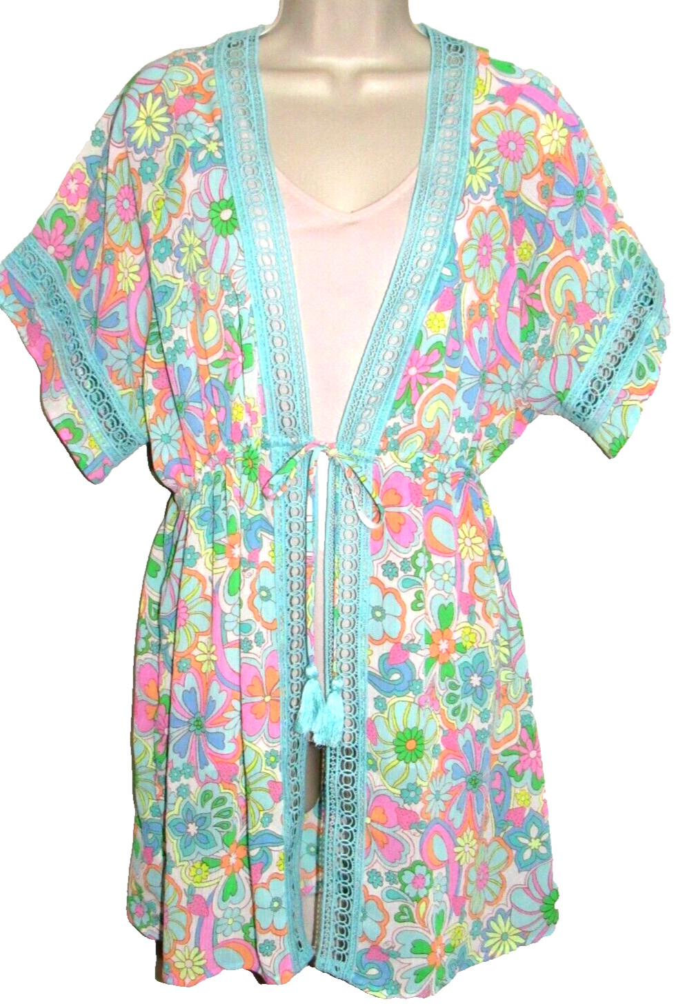 Retro Boho Floral Kimono Beach Cover-Up Top Juniors M Colorful Tassel NOBO 70s