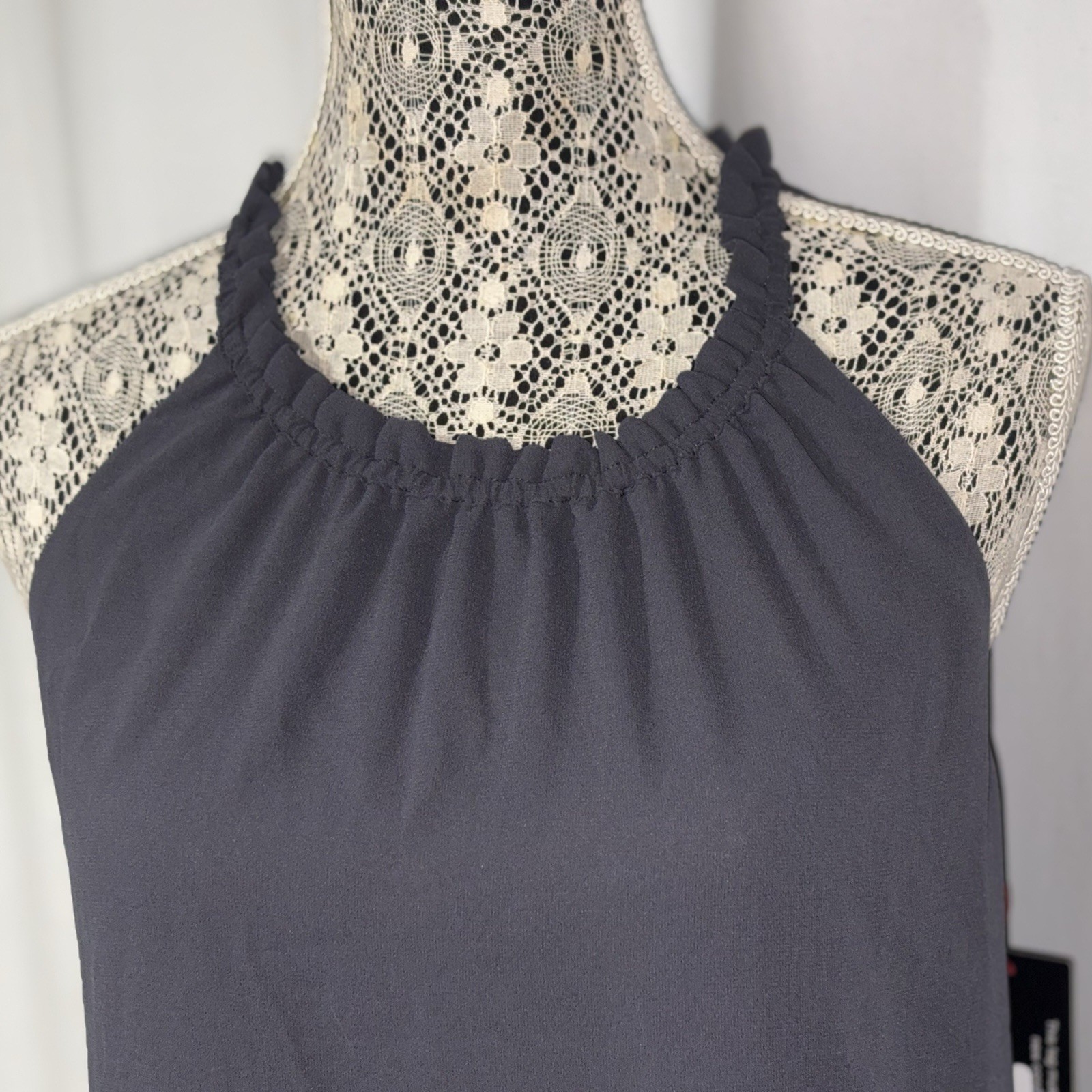 DL Sz Medium Charcoal Gray Ruched Lined A Line Silky Chiffon Tank Top Flowy