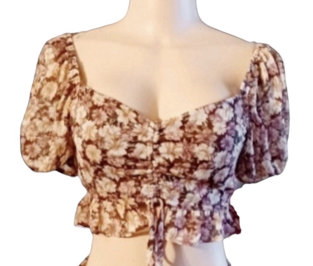 Milkmaid Crop Top Boho Puff Sleeve Romantic Coquette Floral Blashe Size S