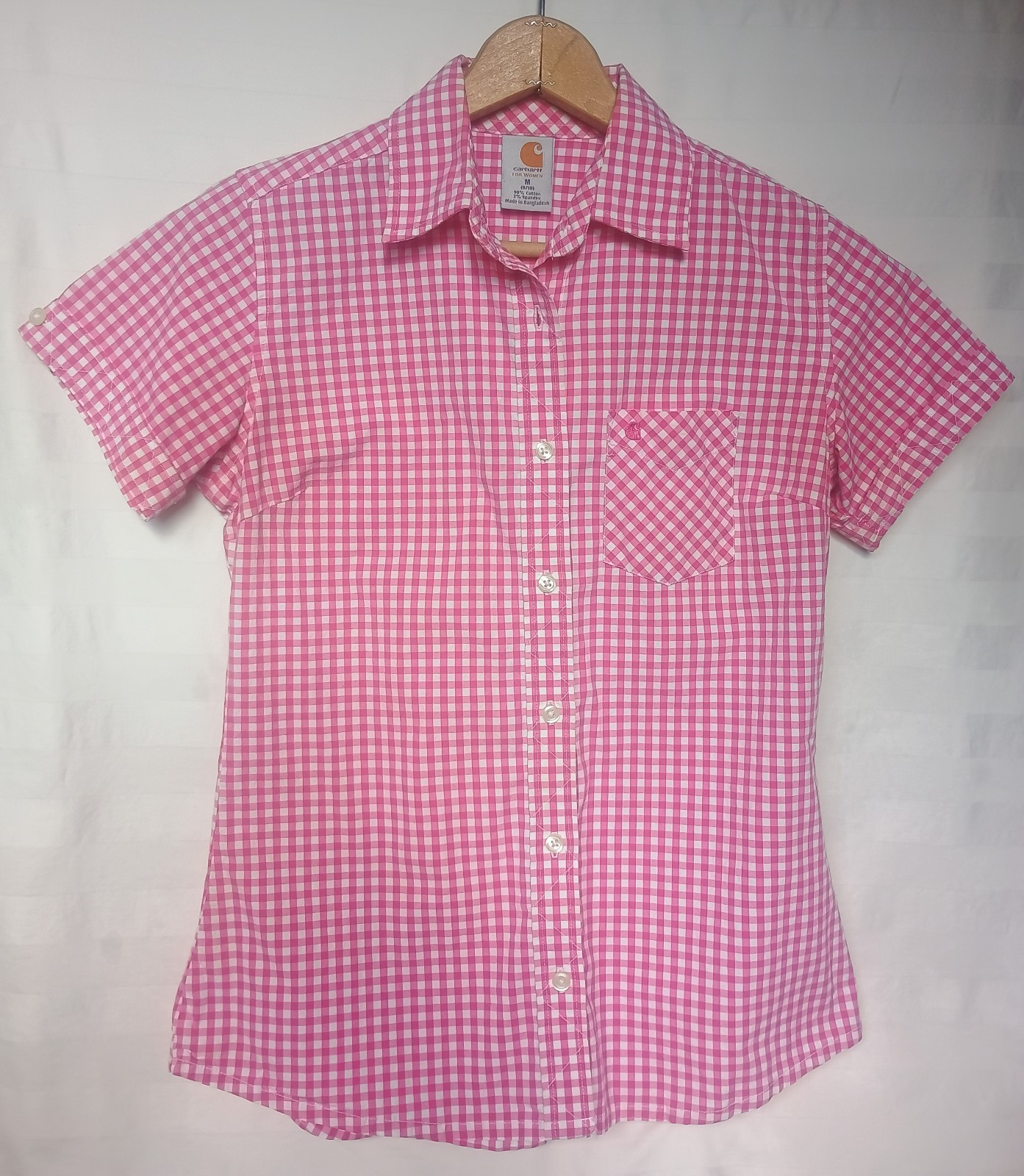 Womens Carhartt Pink Gingham, button-up Camp Shirt size Medium, 98% Cotton