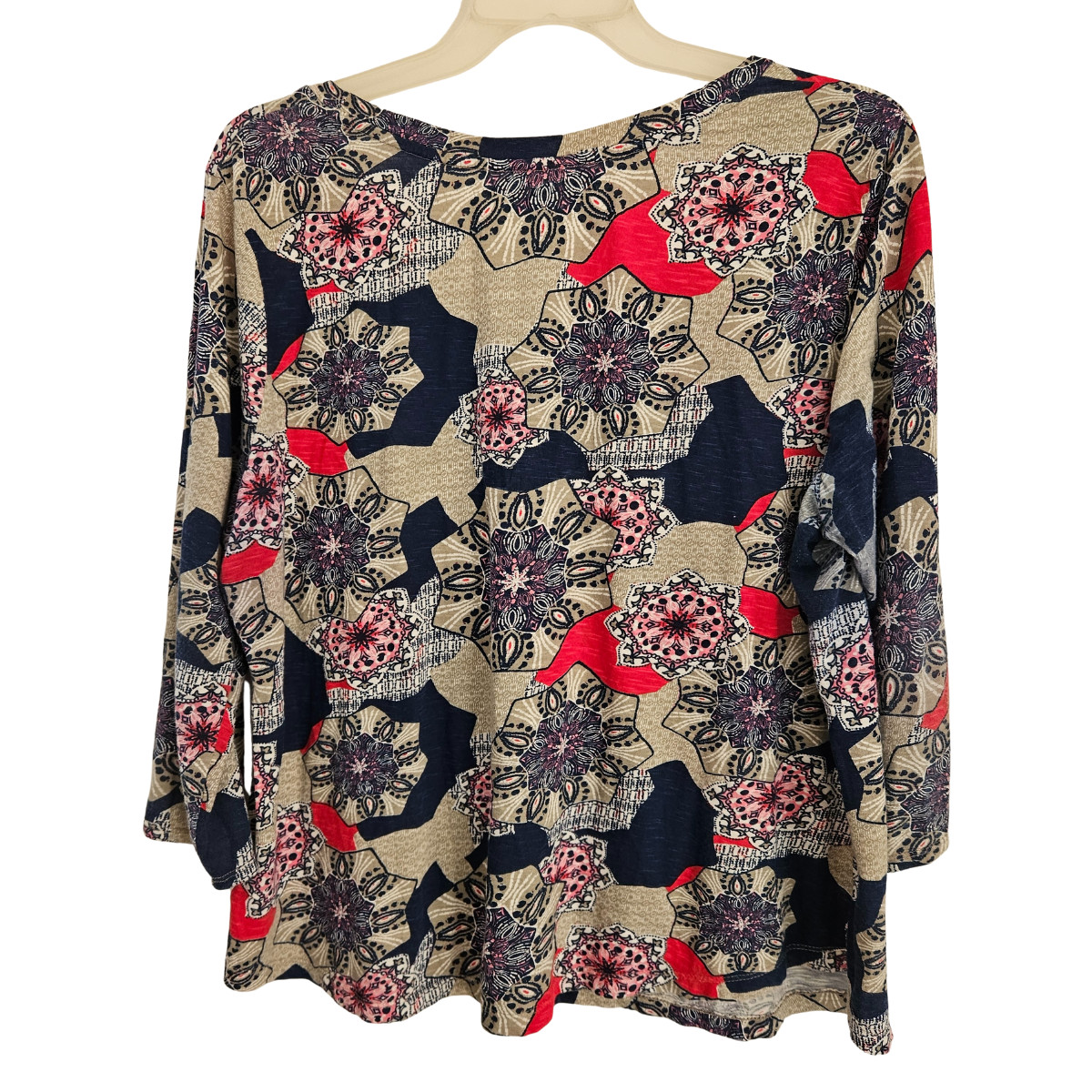 New Directions Weekend Top Womens 1X Navy Tan Red Print 3/4 Sleeve Pullover